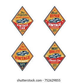 Set of Colored Old Retro Style Vintage Classic Car Vector Logo, Badge, Emblem, Icon, Sticker. Car Wash, Workshop Repair, Service, Community, Club, Car Show, Exhibition, Festival Element