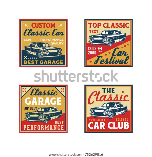 Set of Colored Old Retro Style Vintage Classic\
Car Vector Logo, Badge, Emblem, Icon, Sticker. Car Wash, Workshop\
Repair, Service, Community, Club, Car Show, Exhibition, Festival\
Element