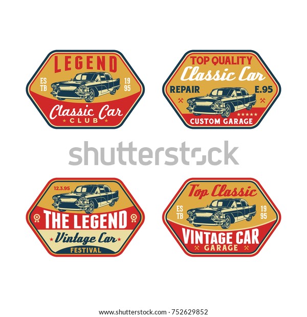 Set of Colored Old Retro Style Vintage Classic
Car Vector Logo, Badge, Emblem, Icon, Sticker. Car Wash, Workshop
Repair, Service, Community, Club, Car Show, Exhibition, Festival
Element