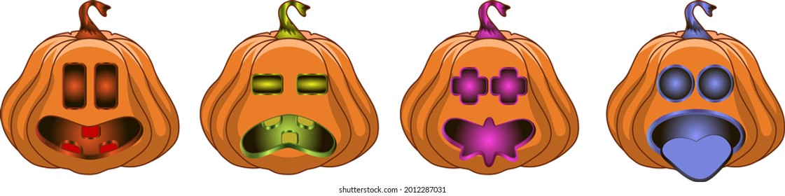 A set of colored, orange pumpkins with a smile and eyes, the main symbol of the merry Halloween holiday, a pumpkin on a white background. 