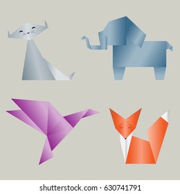 Set of colored origami animals: cat, elephant, bird, fox