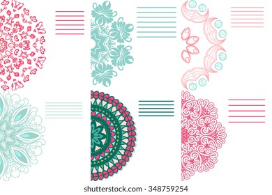 Set of colored ornaments. Mandala. Doily lace, circle background with many details, looks like crocheting handmade lace, lacy arabesque designs.Orient traditional ornament. Oriental motif.