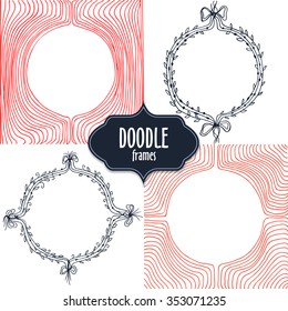 Set of colored ornate frames with floral and lines elements in doodle style