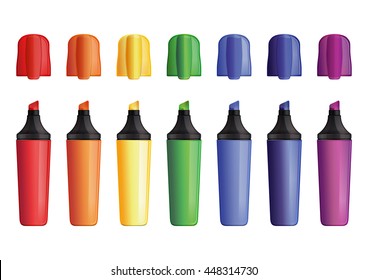 Set of colored outdoor markers with cap. Felt pen. Felt-tip pen. Vector illustration isolated on white background