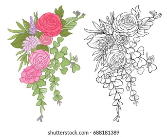 Set Of Colored And Outline Bouquet Of Flowers