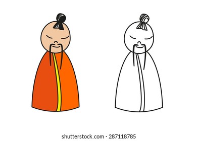 Set of colored and outline cartoon chinese monk for preschool children coloring book.