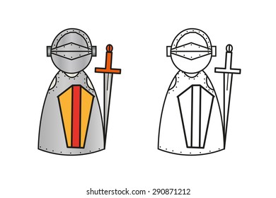 Set of colored and outline cartoon knight for preschool children coloring book.
