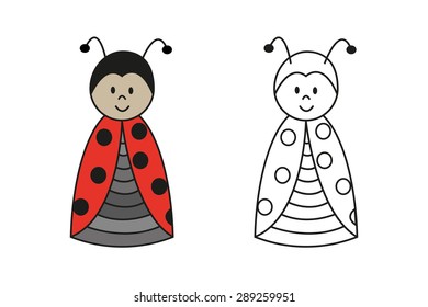 Set of colored and outline cartoon ladybug for preschool children coloring book.