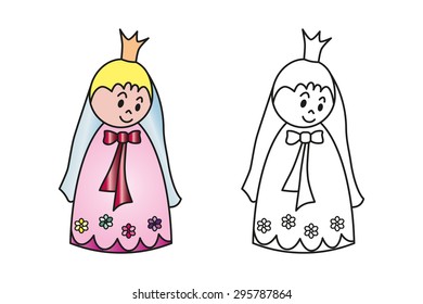 Set of colored and outline cartoon Princess for preschool children coloring book. 