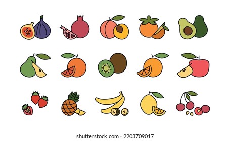 Farbige Umrisssymbole für Früchte festlegen. Vektorgrafiken von Früchten und Beeren im Stil von Farblinien. Angemessene Ernährung und gesunde Ernährung. Farbige vegetarische Vegan-Food-Icons für Webseiten oder mobile App.