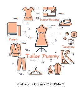 Set colored outline sewing icons, tailors dummy, accessories for seamstress on isolated on white, vector illustration.