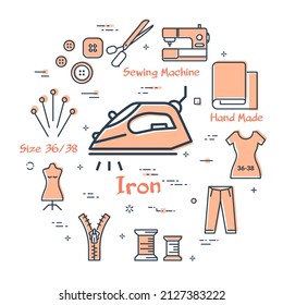Set colored outline sewing icons, iron for ironing and accessories for seamstress isolated on white, vector illustration