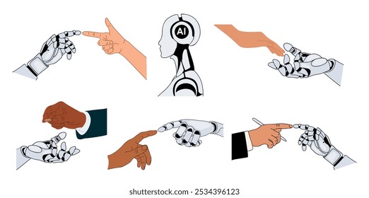 Set of colored outline sketch drawings of modern automatization technology, robots, robotic arms, bots. Artificial intelligence support for industry concept. Vector hand drawn illustrations isolated.