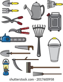 set colored outline various house gardening tools isolated in white background
