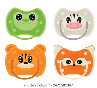 Set von farbigen Schnuller mit Tiergesichtern, nämlich mit dem Gesicht eines Frosches, eines Tigers, eines Fuchses und eines Zebras, für Design, Druck oder Verpackung