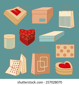 Set of colored packages and boxes . A vector illustration