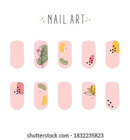 Conjunto de pegatinas de clavos de arte abstracto pintadas de color. Arte de manicura de moda. Esmalte de uñas desnudo. Ilustración vectorial aislada en fondo blanco.