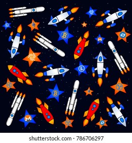 A set of colored painted models of spacecraft, flying among cryptocurrency presented in the form of stars. The best crypto currency, vector illustration