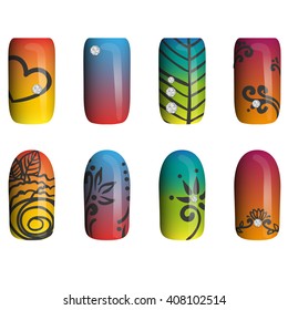 set of colored painted nails. manicure. nail polish.