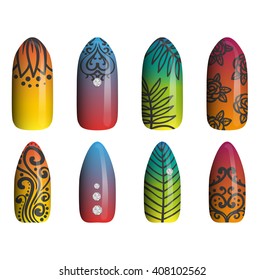 set of colored painted nails. manicure. nail polish.