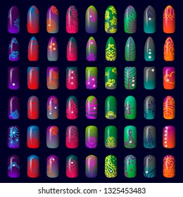 set of colored painted neon nail stickers. manicure art. nail polish. isolated on a dark background
