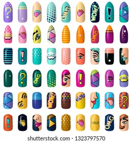 set of colored painted pop art nail stickers. Neon manicure art. nail polish. isolated on a dark background