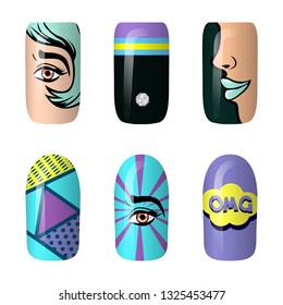 set of colored painted pop art nail stickers. Neon manicure art. nail polish. isolated on a dark background