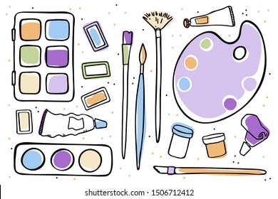 set of colored painting supplies on a white background