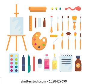 Set of colored painting tools vector icons in cartoon style. Supplies, art brushes and easel. Artist or school creativity elements collection.