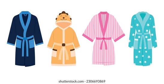 Set of colored pajamas in a cartoon style. Vector illustration of various pajamas: blue, orange, pink, with different designs for boys, girls isolated on white background. Pajamas for a pajama party.