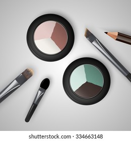 Set colored pallets with eye shadows, brushes for eye makeup and eyeliner. Triple eye shadows pallet. Vector illustration