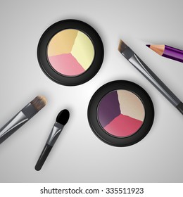 Set colored pallets with eye shadows, brushes for eye makeup and eyeliner. Triple eye shadows pallet. Vector illustration