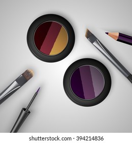 Set colored pallets with eye shadows, brushes for eye makeup and eyeliner. Triple eye shadows pallet. Vector illustration
