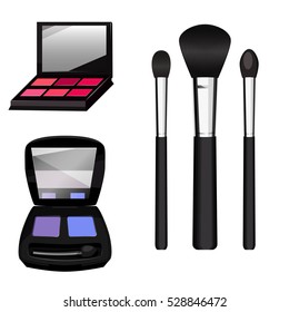 Set colored pallets with eye shadows, brushes for eye makeup and eyeliner. Triple eye shadows pallet. Vector illustration