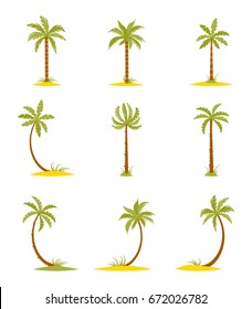Set of colored palms in a flat style. Tropical trees isolated on white background.