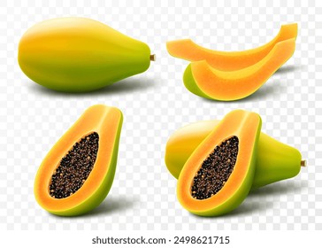 Conjunto de papaya de colores, aislado sobre fondo transparente. Pawpaw, mitad papaya con semillas, rebanada y fruta entera jugosa. Fruta tropical y exótica. Ilustración vectorial 3D realista.