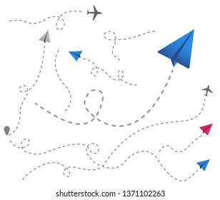 set of colored paper airplanes with dotted flight path. Plane line path. dotted trail and fly direction. Airplane silhouette. Vector illustration.