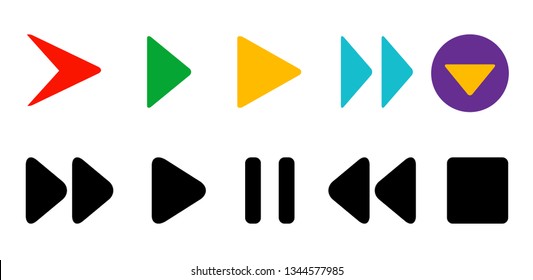 set colored paper arrows showing right. Black arrows for music navigation. play, stop, rewind, stop. isolated on white background.