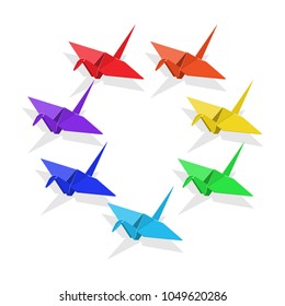 Set of colored paper bird. Japanese traditional origami crane. Vector illustration