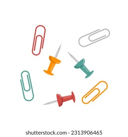 Conjunto de clips de papel de color y botones sobre un fondo blanco. Ilustración vectorial del material de oficina y escolar, diseño escolar, pegatinas, elementos web, diseño infantil.
