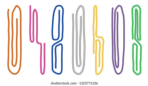 
Set of colored paper clips isolated on white background. Tools for education and work. Stationery and office supply. Vector