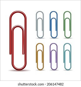 Set of colored paper clips isolated on white background. Vector illustration