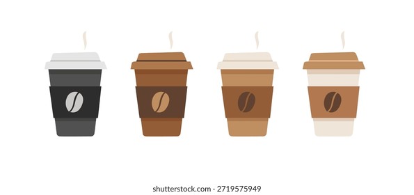 Set of colored paper cups with coffee to go. Hot drink, coffee beans. Icons on white background. Vector illustration.