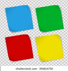 Set of colored paper curled stickers with shadows over transparent background. Vector EPS10.