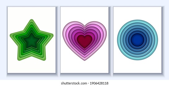 Set of colored paper cut shapes. Paper cut star, heart and circle. Cutted paper style illustration. Vector illustration.