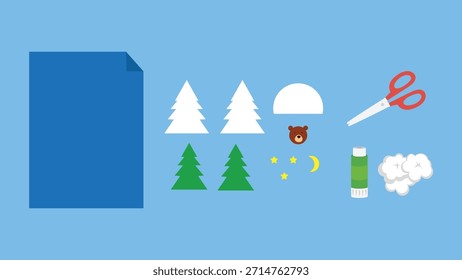 Set of colored paper, scissors, and Christmas trees with threads