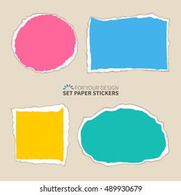 A set of colored paper scraps with teared edges.Torn paper banners with space for text.Design template for infographics, website layout.Vector realistic illustration.