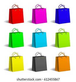 Set of colored paper shopping bags.Packing and delivery. Shopping and sale. Vector illustration.