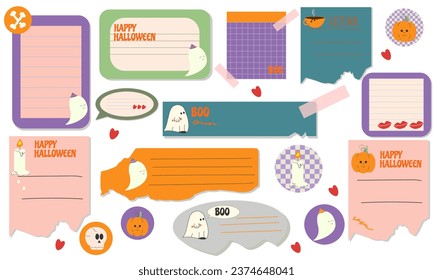 conjunto de pegatinas de papel de colores de diferentes formas con dibujos animados de personajes de Halloween a mano: espeluznante, calabaza, huesos, vela, BOO, bordes rotos, tapizados, aislados en un fondo blanco.Vector.