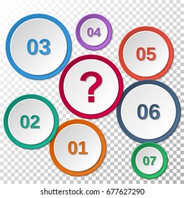 Set of colored paper templates with numbers and a question mark. Vector illustration of isolated 3d objects with drop shadow on transparent background